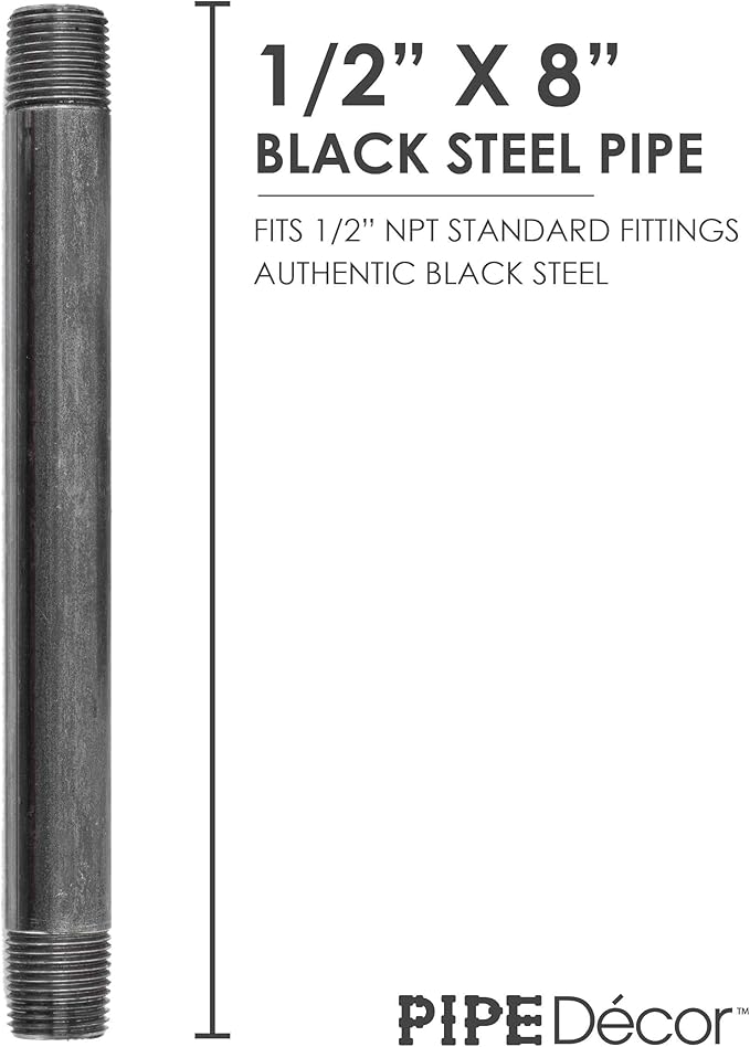 PIPE DÉCOR 1/2” x 8” Malleable Cast Iron Pipe Nipple, Pre Cut Connectors, Industrial Steel Grey Fits Standard Half Inch Black Threaded Pipes Nipples and Fittings, Build Vintage DIY Furniture, 6 Pack