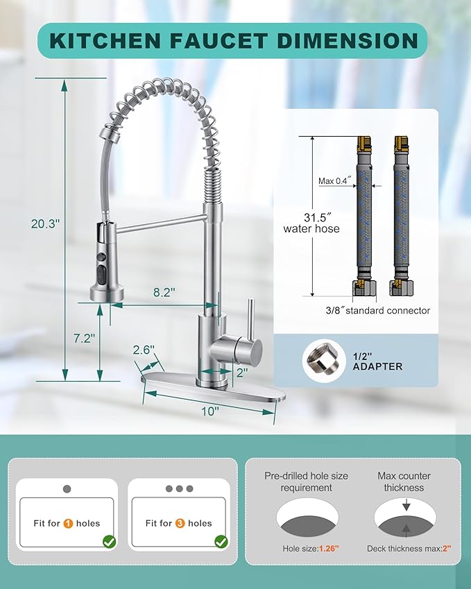 Kitchen Faucets with Pull Down Sprayer: Brushed Nickel 3-Function Kitchen Sink Faucets for 1 or 3 Hole - Stainless Steel Single Handle Spring Kitchen Faucets with Deck Plate for Farmhouse RV Laundry
