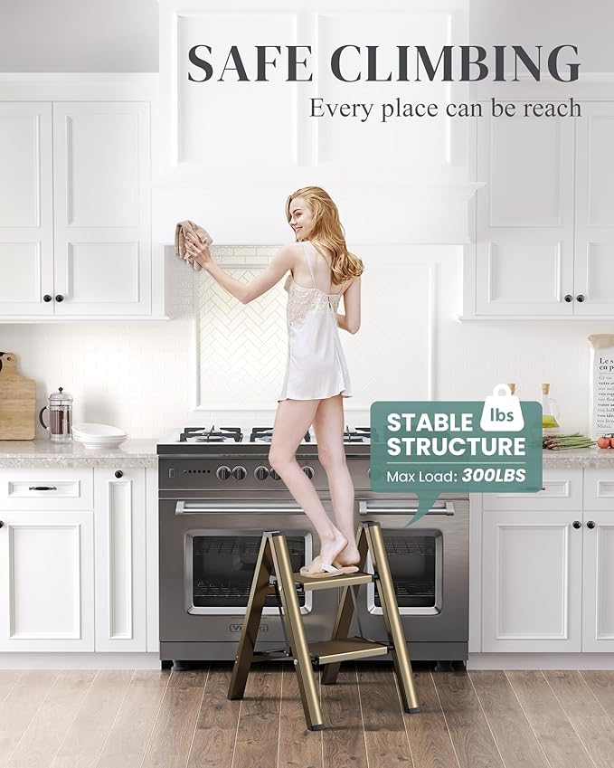 GameGem 2 Step Ladder, Folding Step Stool with Wider Pedal, Anti-Slip Feet & Non Slip Stripes, Aluminum Sturdy Material, 300Lbs Capacity, Elegant Look of Champagne Gold Better Matches Your Home