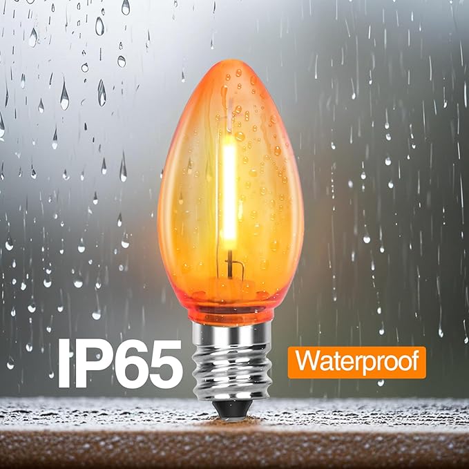 C7 LED Light Bulbs, 12 Pack Halloween Orange Outdoor String Lights Replacement Bulbs, 0.6W E12 Candelabra Base for Patio, Halloween & Christmas Party Decor