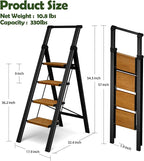 Taranta 4 Step Ladder, Portable Folding Ladder with Wide Pedal, Lightweight Aluminum Step Stool with Convenient Handgrip, 330 lbs Capacity Stepladder for Home, Office - BlackWoodgrain
