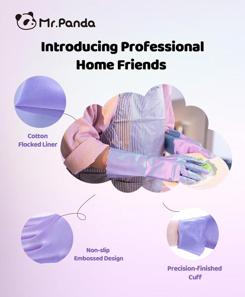 Mr.Panda 3 Pairs Skin-Friendly Flocked Cotton Liner Cleaning Gloves Medium, Reusable Dishwashing Gloves for Washing Dishes, Kitchen, Shimmering Pink