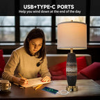 Terpsichore 3 Way Dimmable Farmhouse Table Lamps Bedroom Touch Bedside Lamp Modern Glazed Ceramic Lamp 2 Set with Fabric Shade,USB Type-C Port for Bedroom,Reading,Desk,Living Room,Office