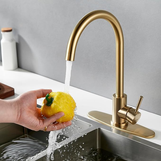 Single Handle High Arc Brushed Gold Kitchen Faucet Stainless Steel Commercial Single Hole Kitchen Sink Faucet, Modern One Hole Bar Sink Faucet with Deck Plate