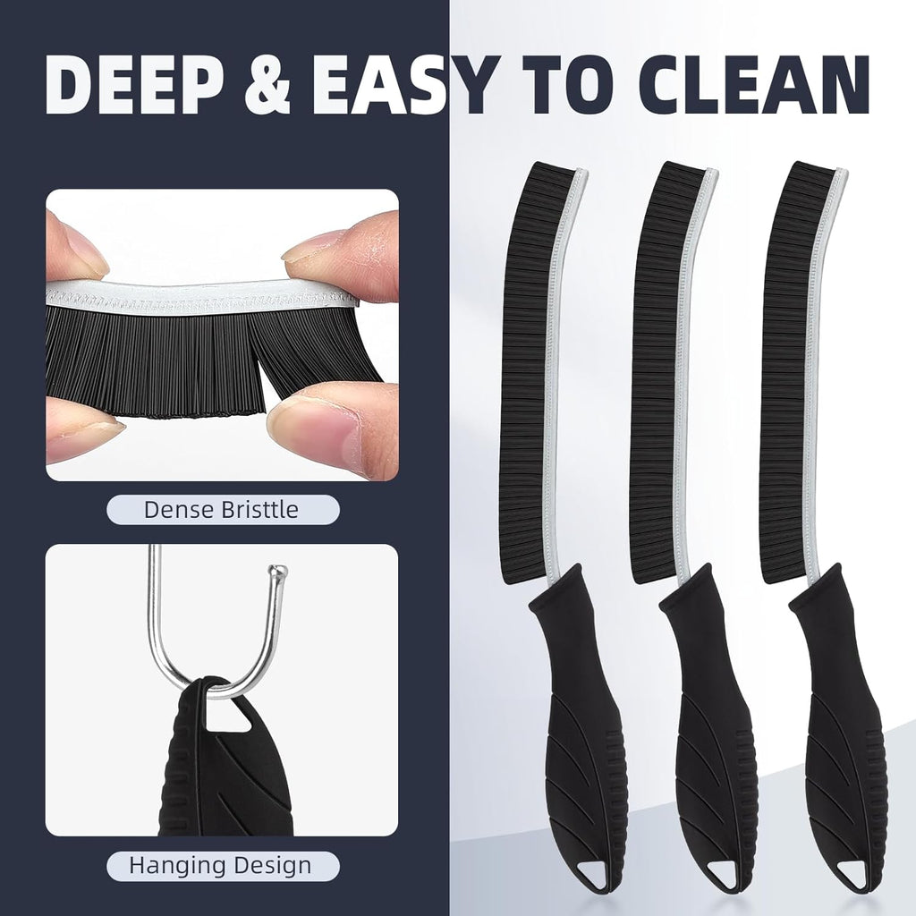 Hard Bristle Crevice Cleaning Brush - Home Cleaning Tools, Multi-Purpose Crevice Supplies for Kitchen, Bathroom, Toilet, Window, Vehicle, Faucets, Grout, Home (3, Black)
