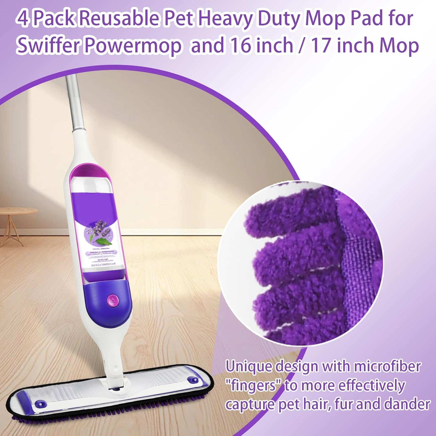 4 Pack Pet Heavy Duty Mop Refills for Swiffer Powermop, Reusable Extra Thick Multi-Surface Dry Mop Pads for 16 Inch and 17 Inch Mop