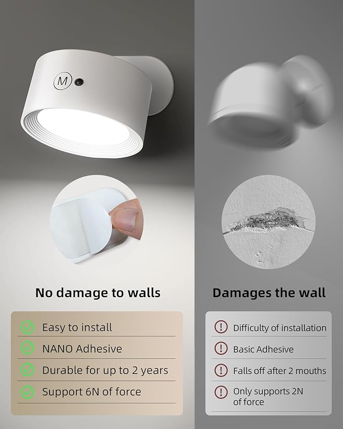LED Wall Mounted Lights, Rechargeable Wall Sconces Lamp, 3 Color Temps & Remote and Touch, 360°Rotation Dimmable Cordless Wall Light for Study Bedroom Reading Bedside(White, 2 Pack)