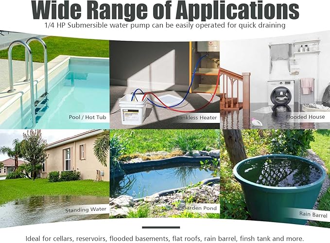 Submersible Sump Pump 1/4 HP 1500GPH Utility Pump Thermoplastic Electric Portable Transfer Water Pump with 10-Foot Cord for Pool Tub Garden Pond Draining Tankless Heater Flushing