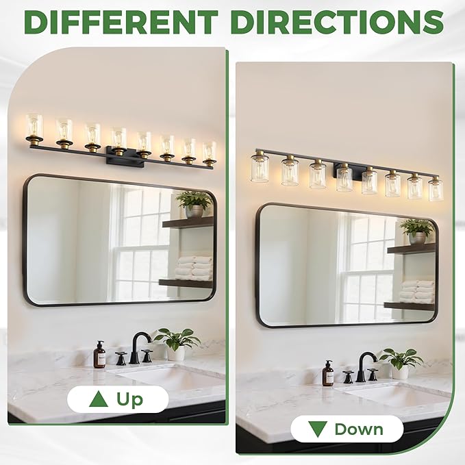 DORESshop 55 Inch Bathroom Light Fixtures, 8-Light Black and Gold Bathroom Lighting Fixtures Over Mirror with Glass Shade, Modern Vanity Lights for Hallway Bedroom
