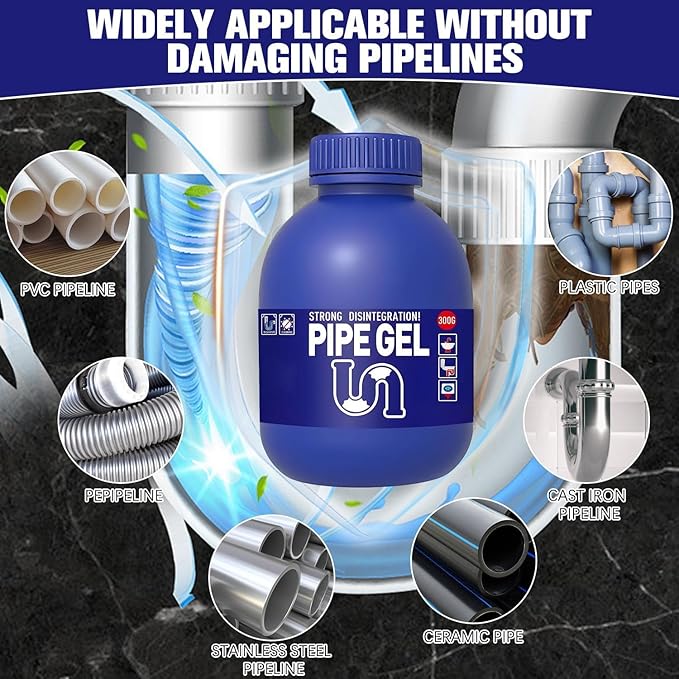 PIPE GEL Professional Drain Cleaner for Kitchen Sink, Strong Drain Opener, Unclog Shower Tub Drains, 300G, All Pipe Materials