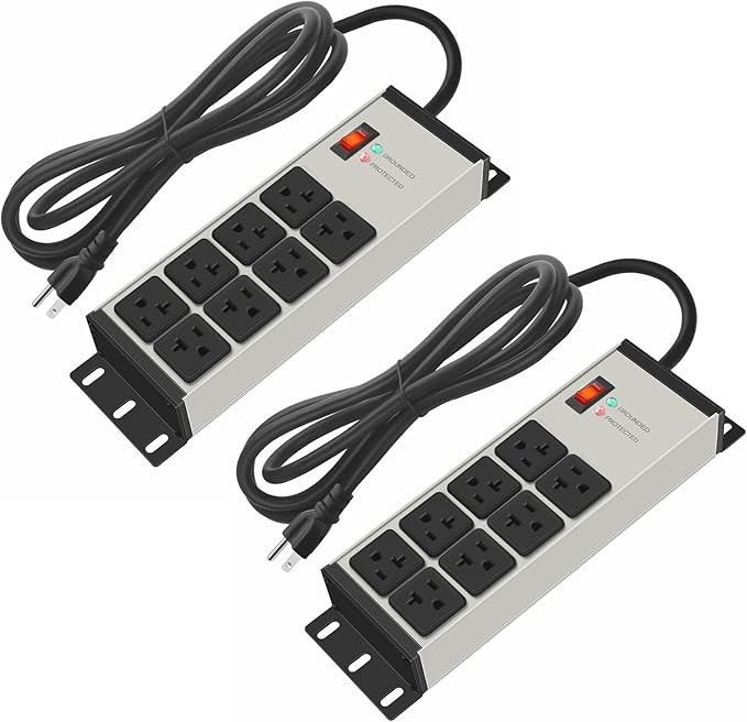 CCCEI 2PCS Heavy Duty Power Strip Surge Protector 20 AMP, 8 Outlets 12 Gauge Shop Garage Metal Multiple Outlets, 10 FT Extension Cord 5-15P Adapter High Amp 6-20R T-Slot 20a for Appliance Grey.