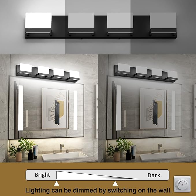Tipace Dimmable Black LED Vanity Light for Bathroom Up and Down 4 Lights Black Modern Bathroom Wall Light Fixtures Over Mirror(White Light 6000K)