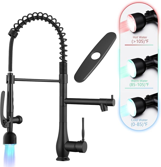GIMILI Kitchen Faucet with LED Single Handle Kitchen Sink Faucet with Pull Down Sprayer Commercial Double-Headed Stainless Steel Kitchen Faucets Sink with Deck Plate Matte Black