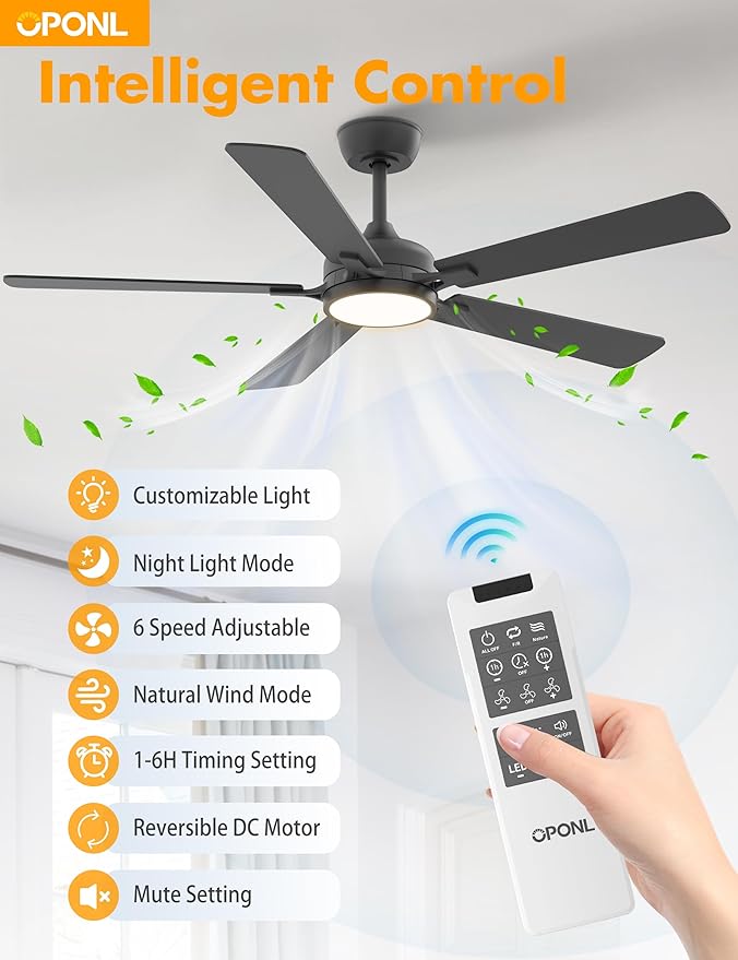 52 Inch Black Ceiling Fan with Light with Remote Control, Large Air Volume, modern ceiling fan with light for Bedroom Kitchen Dining room Patio- Donwrod Mount
