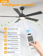 52 Inch Black Ceiling Fan with Light with Remote Control, Large Air Volume, modern ceiling fan with light for Bedroom Kitchen Dining room Patio- Donwrod Mount