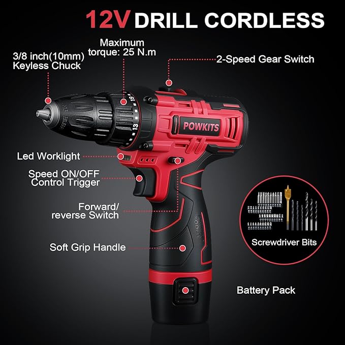 Cordless Drill Tool Set: 12V Power Drill Tool Kit with Battery & Charger, 142Pcs Home Hand Repair Tools Box, Portable Household Basic Drills Case for Men & Women, Red
