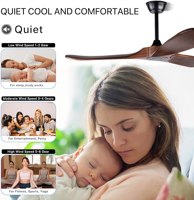 60" Ceiling Fan, No Light & Remote Control - Quiet 3 Blade Wood Walnut, Suitable for Patios & Farmhouse