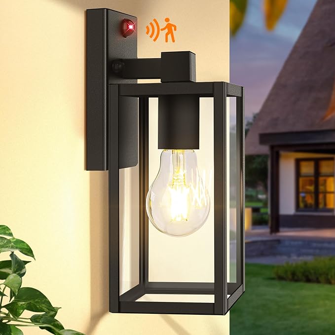 Upgraded Motion Sensor Outdoor Wall Light, 10.6” Small Dusk to Dawn Porch Light Wall Sconce Lantern, 3 Lighting Modes Exterior Lighting Fixture, Outside Light for House Front Door Garage, Black