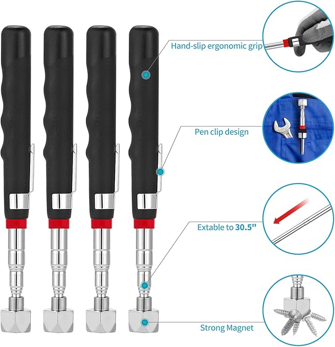 1 Piece 20LBs Telescoping Magnetic Pickup Tool, with Pen Clip Design, Magnet Stick Rod Extendable 7" to 30.5" for Men, Birthday, Father's Day, Christmas Gift