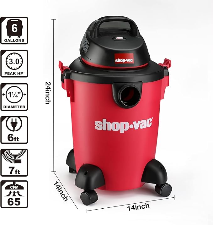 Shop-Vac 6 Gallon 3.0 Peak HP Wet Dry Vacuum, 3 in 1 Function Heavy-Duty Shop Vacuum with Filters, Attachments, Ideal for Home, Jobsite, Garage, Car & Workshop. 5971636