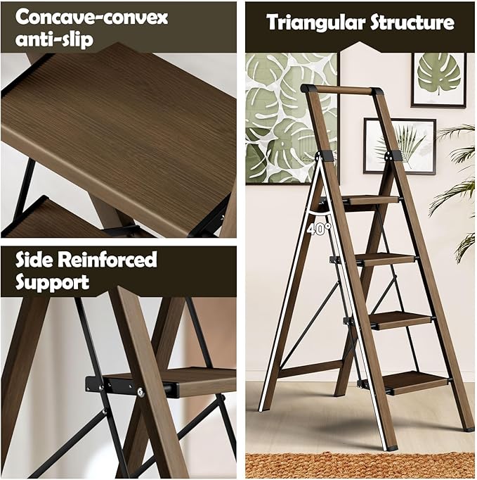 Taranta 4 Step Ladder, Portable Folding Ladder with Wide Pedal, Lightweight Aluminum Step Stool with Convenient Handgrip, 330 lbs Capacity Stepladder for Home, Office - Walnut