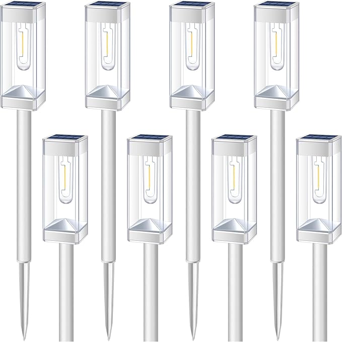 Solar Pathway Lights 8 Pack Solar Outdoor Lights with LED Tungsten Filament Bulb Waterproof Stainless Steel Garden Lighting for Outside Driveway Landscape Lawn Path Christmas (White)