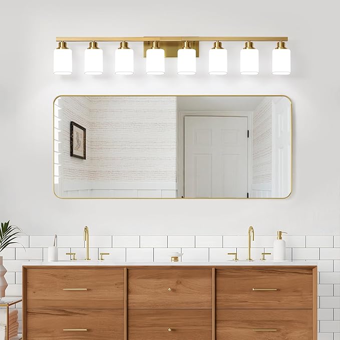Bathroom Vanity Light,8-Light Brushed Gold Bathroom Light Fixtures with Square Frosted Glass,Gold Wall Lamp Sconces for Mirror Bedroom,Living Room Hallway,E26