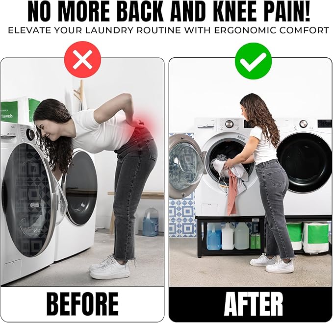 Washer and Dryer Pedestals - 24" W, 16" H, Black Steel Universal Fit with Major Brands, Leak-Proof Laundry Pedestal with Drain Pan & Hose, Washer and Dryer Stand for Back Pain Relief, 800 lbs Capacity