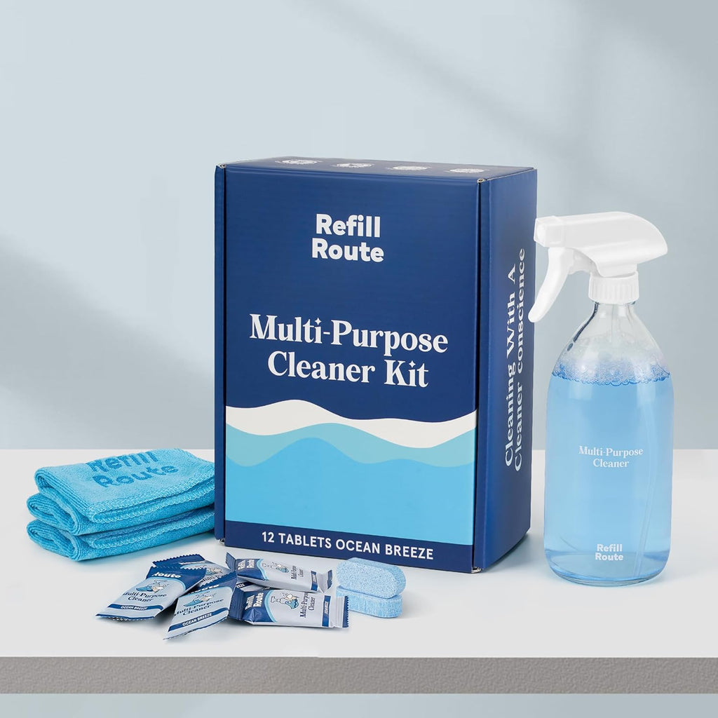 Multi-surface Cleaner Kit, Bathroom Cleaner Spray Tablets & Spray Bottle All Purpose Cleaner, 12 Tablets Multipurpose Cleaner Refills with Reusable Glass Bottle, Plant Based - Ocean Breeze