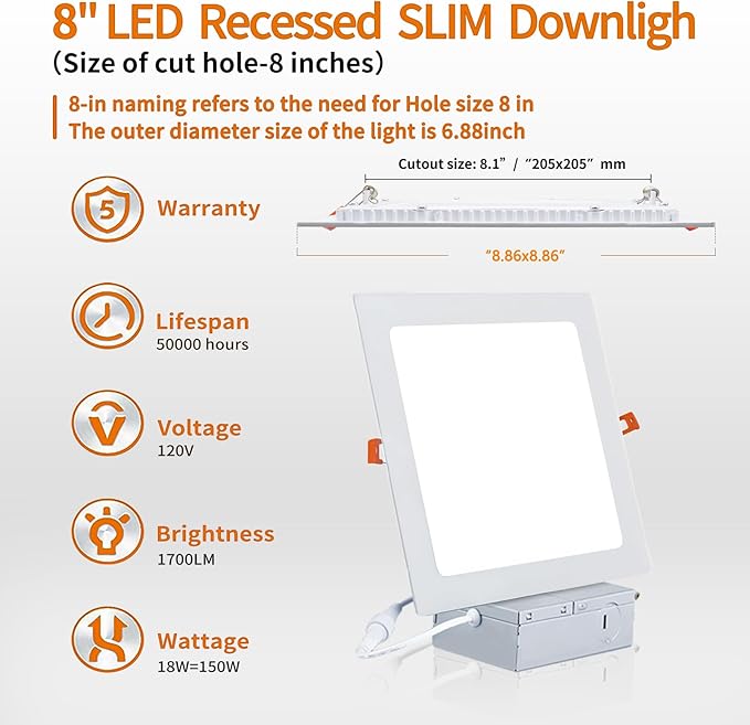 Square 8 Inch LED Recessed Light,18W 6000k Daylight,No Dimmable,4Pack Ultra Thin LED Recessed Lighting with J-Box. 8" Recessed Ceiling Wafer Canless Fixtures .Slim Can-Killer Lights,CRl90+
