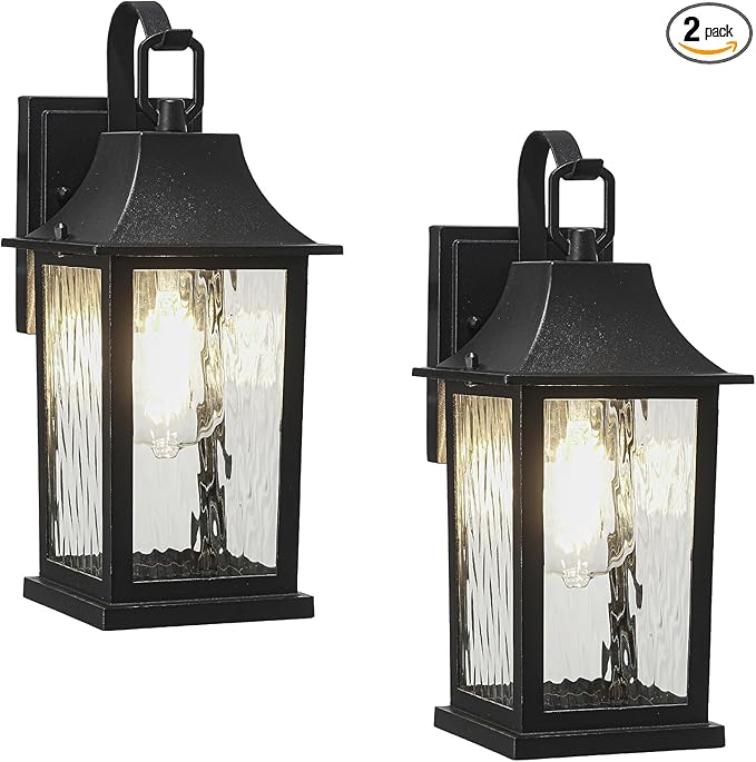 2-Pack Porch Light Fixture，Matte Black Outdoor Wall Sconce Light - 13" Rustproof Aluminum Exterior Lighting with Water Pattern Glass for Patio Yard House Hallway Doorway Garage