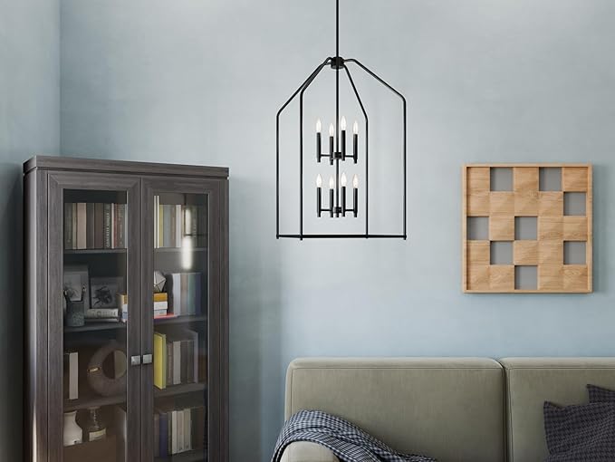 Kichler Madden 36" 8 Light Foyer Pendant in Black, Soft Modern Fixture, for Small Kitchen, Coffee Table, Office, Bedroom, Foyer, (36" x 20"), 52723BK
