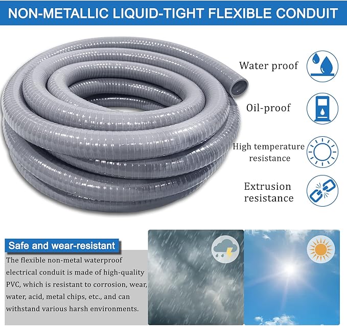 1/2inch 100ft Liquid-Tight Conduit and Connector Kit,Flexible Non-Metallic Liquid Tight Electrical Conduit Kit with 5 Straight and 3 90-Degree Conduit Connector Fittings,(1/2" Dia, 100 Feet)