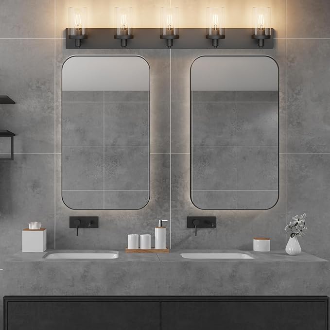Aipsun Matte Black Bathroom Vanity Light Fixtures 5 Lights Industrial Lighting Fixtures Over Mirror with Clear Glass Shade(Exclude Bulb)