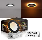 MAILCOS 12 Pack Black 4 Inch 5CCT LED Recessed Ceiling Light with Night Light, 2700K-5000K Selectable, Ultra-Thin Lighting, 12W=110W, 1050LM, Dimmable Canless Wafer Downlight ETL Certificated