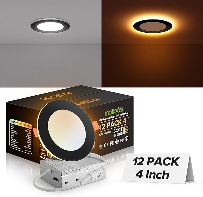 MAILCOS 12 Pack Black 4 Inch 5CCT LED Recessed Ceiling Light with Night Light, 2700K-5000K Selectable, Ultra-Thin Lighting, 12W=110W, 1050LM, Dimmable Canless Wafer Downlight ETL Certificated