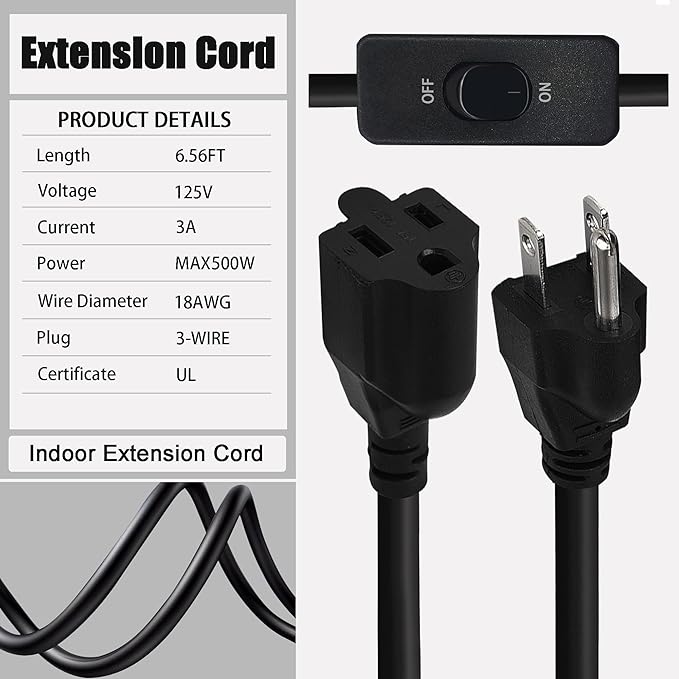 Black Extension Cord with Switch On/Off, 3 Prong Grounded Plug, 6.56 FT Insulated & Flame Retardant,125V 375W Indoor Power Cord, UL Listed