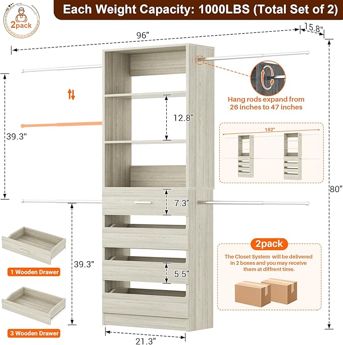 Aheaplus Closet System Set of 2, 4-9Ft Wood Closet Organizer with Drawers & Shelves, Closet Organizer System with 8 Hanging Rods, Walk-in Closets Organizer Wardrobe Closet Rack, White Oak1
