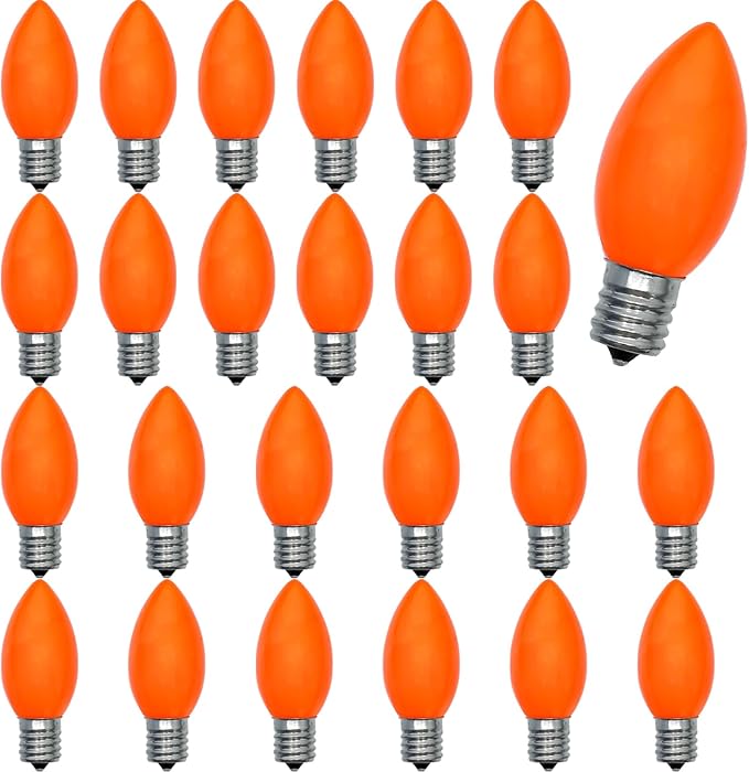 C9 Orange Light Bulb, 25 Pack Incandescent Halloween Light Bulbs for C9 Outdoor String Lights, Christmas Tree Decor, Halloween String Lighting, C9/E17 Candelabra Base, 7 Watt
