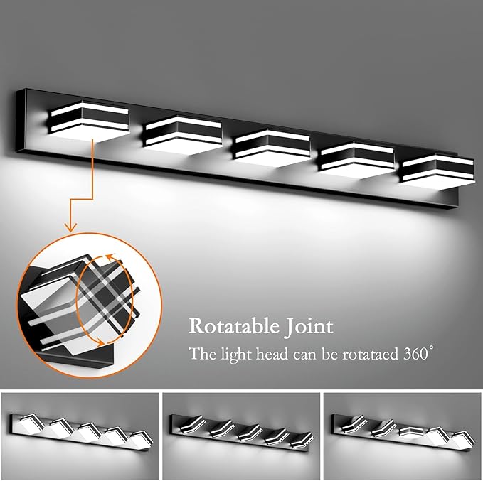 Ralbay Black Vanity Light Fixtures 40.5inch 5-Light Acrylic Modern LED Matte Black Bathroom Wall Vanity Lighting Fixtures Over Mirror