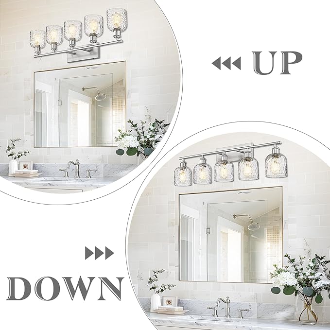 zeyu Modern Brushed Nickel Bathroom Lights Fixture, 35 Inch 5 Light Vanity Lighting Over Mirror, Brushed Nickel Finish with Clear Hammered Glass, ZJF63B-5W BN