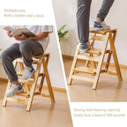 Latifolia Foldable 3 Step Ladder, Wooden Step Stool with Floor Saver, Decorative Ladder Shelf for Living Room, Kitchen, Garden(Nature)