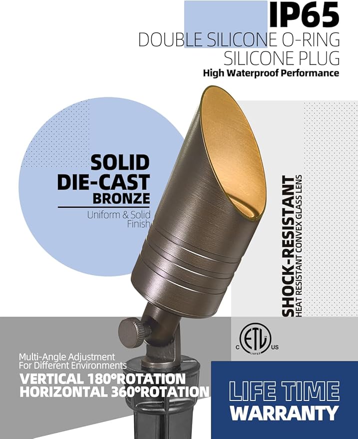 MALORY Brass Landscape Spotlight,12V AC/DC Low Voltage LED Landscape Lighting,Hard Wired Spot Up Light for Garden,Patio and Yard (S05-Bronze, 1-Pack with Bulb)