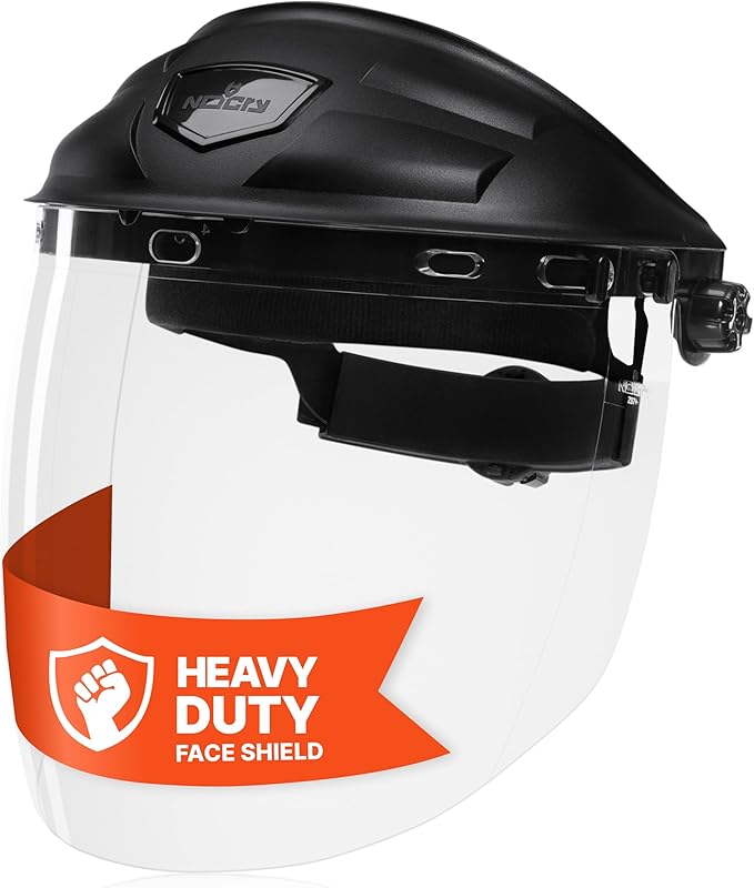 NoCry Premium Safety Face Shield for Grinding and Cutting — Clear Anti-Fog, Impact Resistant Visor and Adjustable Headgear — ANSI Z87.1 Certified for Industrial Use — Washable Sweatbands Included