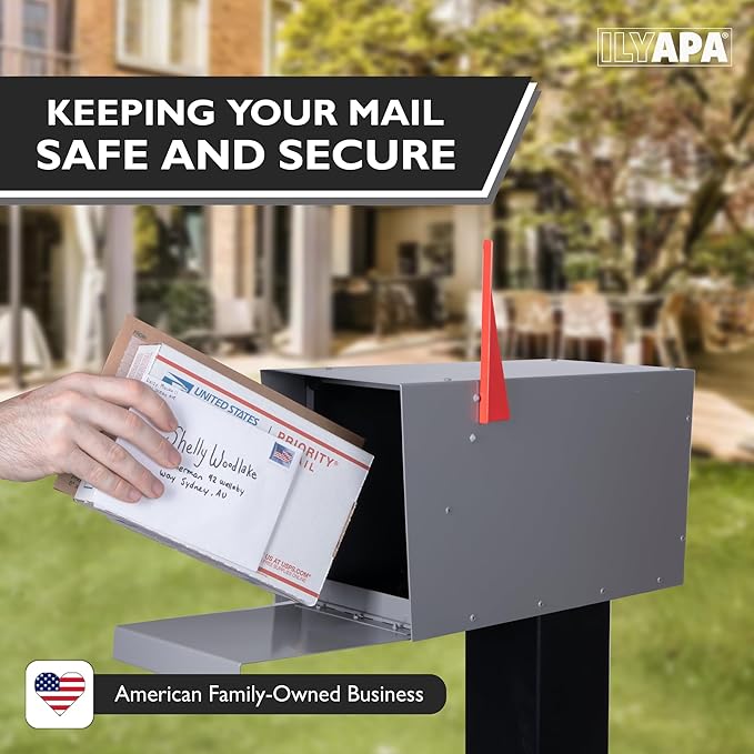 Ilyapa Modern Mailbox for Post Mount - Gray with Gray Door Powder Coated Steel, Waterproof Letter Box for Parcels, with Recessed Magnetic Close Door