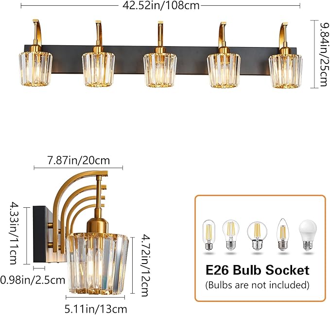 Modern Bathroom Vanity Light, 5-Light Black Gold Wall Sconce with Crystal Accents, Over Mirror Bathroom Lighting Fixture, 42.52" Long Dimmable Vanity Lamp for Makeup, Easy Installation