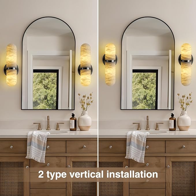 Alabaster Wall Sconces Set of Two, 13in Black Alabaster Sconce, Modern Spanish Natural Marble Sconces Lights, Sconces for Bathroom Vanity Bedroom Living Room Staircases Hallway