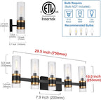 MELUCEE 5-Light Bathroom Lights Over Mirror in Black Finish, Farmhouse Vanity Lights with Ribbed Clear Glass Shade Indoor Metal Wall Light Fixtures for Kitchen Powder Room Foyer, E12 Base