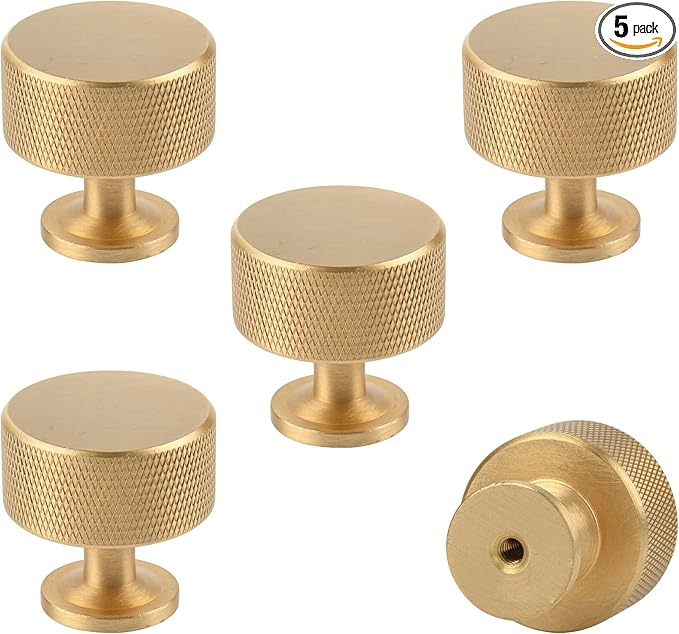 Urnew- 5 Pack Solid Brass Kitchen Cabinet Knobs 1.1 Inch Brushed Gold Dresser Drawer Knobs Knurled Door Pulls for Vanity Table Cupboard Closet Kitchen Hardware