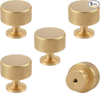Urnew- 5 Pack Solid Brass Kitchen Cabinet Knobs 1.1 Inch Brushed Gold Dresser Drawer Knobs Knurled Door Pulls for Vanity Table Cupboard Closet Kitchen Hardware